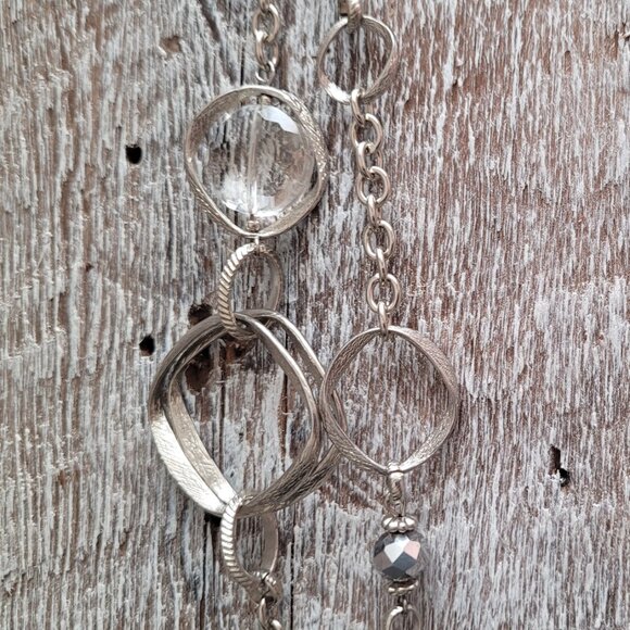 Long Silver Metal Necklace with Unique Links and Crystal Beads - Picture 2 of 5